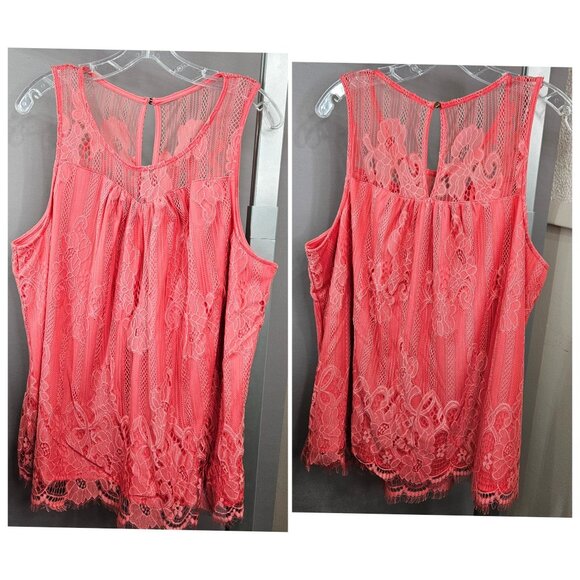 Maurices Sleeveless Dress Shirt Top Tunic Plus 2 2X Coral Pink Peach Lace Lined - Picture 1 of 10